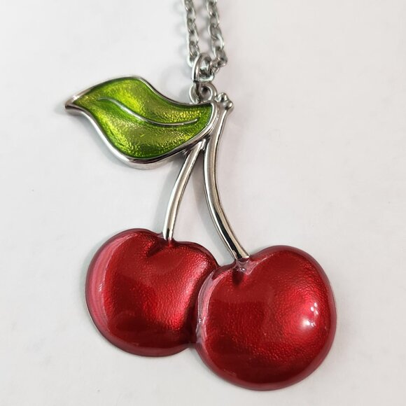 Cherry Necklace on Silver Toned Chain - Picture 2 of 4